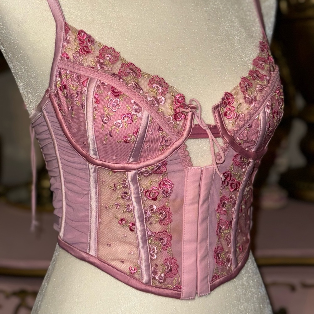 For Love and Lemons Fan Floral embroidery Pink lingerie bustier top size XS